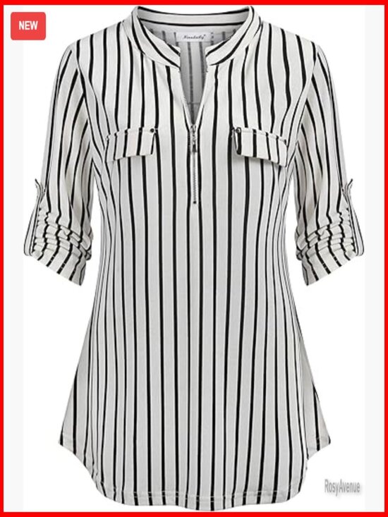 Tops - 3/4 Sleeve Zip Plaid Tunic Blouse Womens Casual Tops